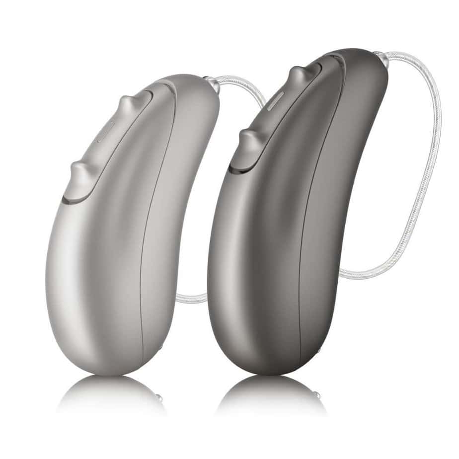 Two grey hearing aids