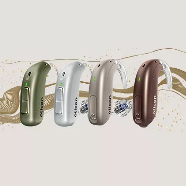 Set of 4 different colored Oticon hearing aids